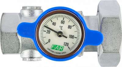 Кран шаровой FAR 1"-1 1/2", ВР-накидная гайка EPDM, под датчик, син. бабочка с термометром, хром